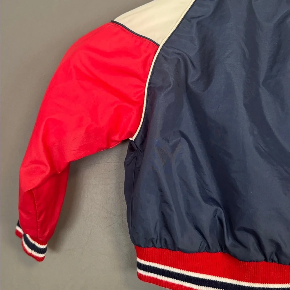 Vintage Kids Varsity Bomber Jacket Red White Blue Nylon Snap Front 70s-80s
